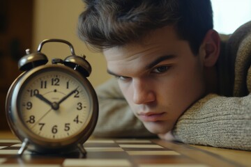 Young Man Contemplating Time with Chessboard and Alarm Clock Nearby