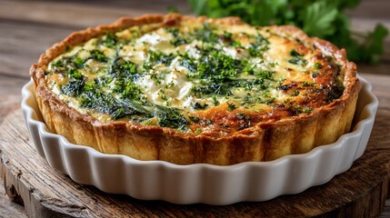 Freshly Baked Quiche with Spinach and Feta in a Ceramic Dish