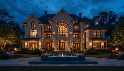 Elegant Estate at Dusk: A luxurious residence shines with warm light against the tranquil evening sky, complemented by a serene fountain.