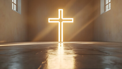 Glowing Christian cross standing in beige interior, with raised platform seam and soft backlighting