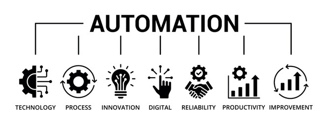 Automation banner glyph icon with innovation, improvement, productivity, reliability, process, digital, technology