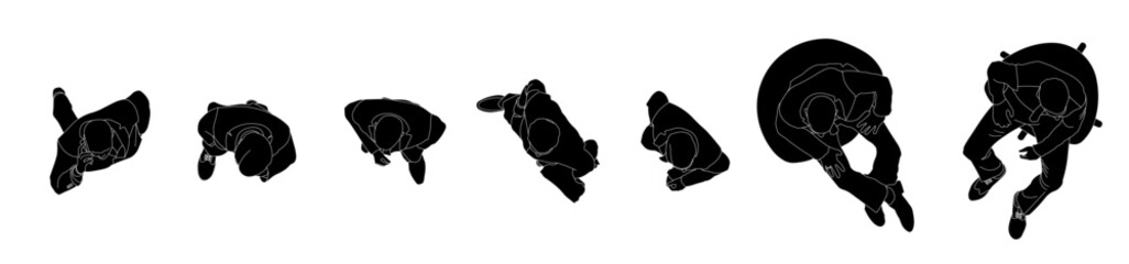 Top view of silhouettes of men, executives standing and sitting, set of workers in different angles editable line vector