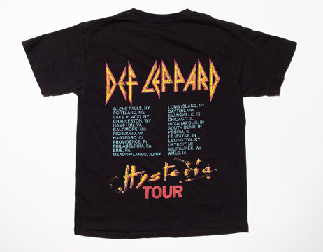 Kent, uk 01.01.2025 Vintage Black 1987 Dated reissue Def Leppard Tour T-Shirt kids size large. Band rock and roll music merchandise hysteria def Leppard rocking music.