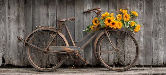 Vintage bicycle rustic wooden wall sunflowers old metal countryside nostalgic weathered floral rural peaceful charming antique