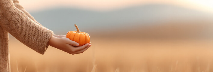 Child hand holding small pumpkin, autumn field background, warm sweater, harvest season, cozy and peaceful outdoor scene, soft natural light, countryside landscape