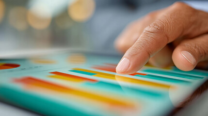Closeup of executive businessman hands interacting with digital tablet displaying colorful bar graphs, representing data analysis and modern technology in professional setting