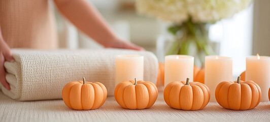 Mini pumpkin candle table autumn child helping decor cozy home celebration. child helps set cozy autumn table with mini pumpkins and candles creating warm festive atmosphere for seasonal