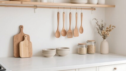 A minimalist kitchen with wooden utensils, cutting boards, and bowls arranged on a white countertop