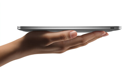 Closeup of hand gently cradling slim, silver laptop against white background, highlighting device thin profile and modern design