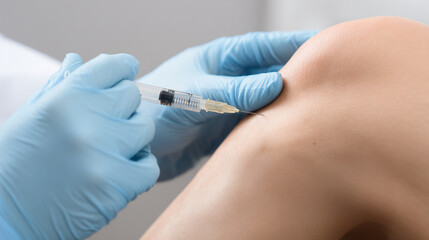 Closeup of medical professional gloved hands giving injection to patient knee, showing careful technique and clinical environment