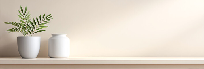 Green plant in white ceramic pot and minimalist white vase on light wooden shelf against soft beige wall, creating calm and modern interior decor scene