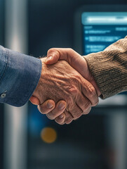 Closeup handshake between two people, one in blue shirt and other in brown sweater, symbolizing agreement, partnership, and trust in business setting