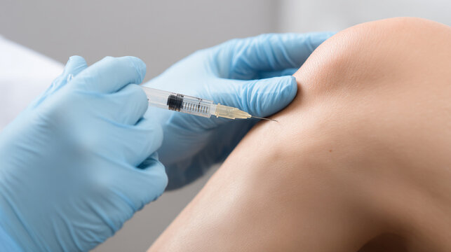 Closeup of medical professional gloved hands giving injection to patient knee, showing careful technique and clinical environment