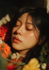 Closeup portrait of mysterious woman with long black hair, soft natural light, surrounded by vibrant flowers, serene and dreamy expression, smooth skin, warm tones