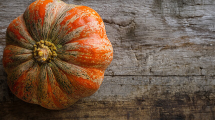 Single round pumpkin with orange and green streaks sits on rustic wooden surface, showcasing natural texture and autumn harvest mood