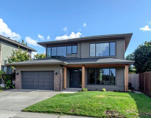 Modern house with garage and yard under a partly cloudy sky