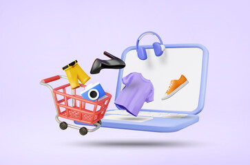 3D Vector Illustration Rendering of Clothes, Pants, Shoes, Headphones and Camera Floating Out of Laptop Screen, Towards Shopping Cart, Complete Online Shopping Concept, Fashion and Lifestyle Products.
