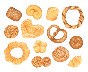 Hand-drawn bakery set with different pastries: croissants, sweet buns, pretzels, bagels, and bread. Watercolor isolated illustration. Perfect for packaging, menu design, and kitchen-themed projects.
