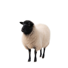 A fluffy sheep with black face and legs, standing gracefully against a white isolated background. This adorable creature represents farming and rural life beautifully.
