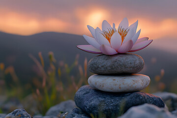 A stack of smooth stones topped with a lotus flower is set against a serene sunset backdrop, symbolizing tranquility and balance.