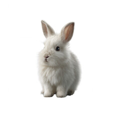 Obraz premium A fluffy white rabbit sitting comfortably, showcasing its charming features and large ears, perfect for pet-themed content or nature-related projects.