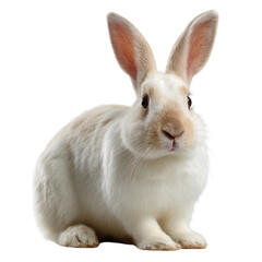 Obraz premium A fluffy white rabbit sitting calmly with its ears perked up, set against a clean, white isolated background, showcasing its adorable features and soft fur texture.