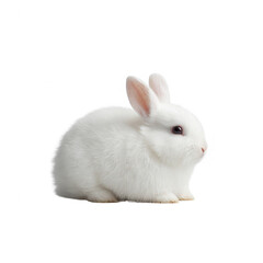 Obraz premium A fluffy white rabbit sitting calmly, showcasing its soft fur and gentle expression against a white isolated background.