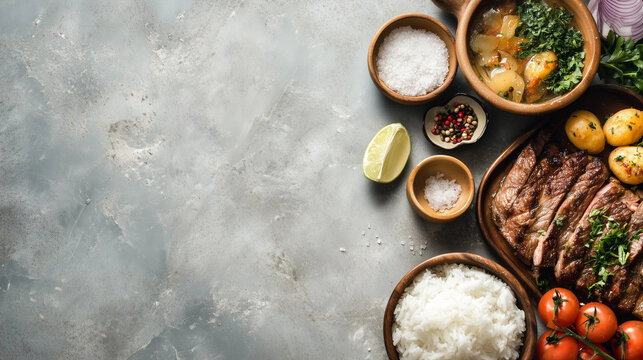 Ingredients for traditional meal on gray background