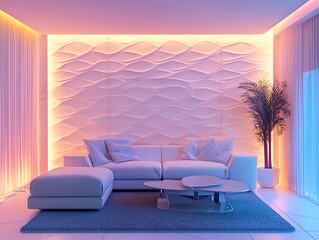 Modern living room with white sofa textured wall and soft lighting in a minimalist style