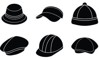 Cap Set Silhouette Collection – Vector Clipart of Headwear Styles Including Baseball Cap, Snapback, Beanie, Flat Cap, and Casual Sports Hats

