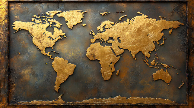 Antique world map embossed in gold, framed in metal