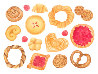 Watercolor bakery set of pastries: croissants, sweet buns, pies, danish, pretzels and bagels. High resolution illustration. Isolated elements for packaging, menu design, and kitchen-themed projects.