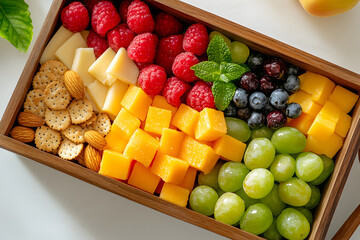 A colorful snack box filled with fruits, cheese cubes, crackers, and nuts top-down view on a white table with room for copy.

