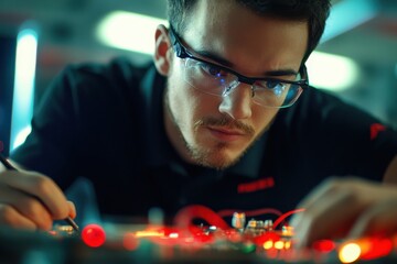 Focused Technician Working on Complex Electronics in a Modern Lab