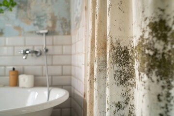 Mold-covered shower curtain in a bathroom home interior gigapixel standard unkempt environment close-up view hygiene concerns
