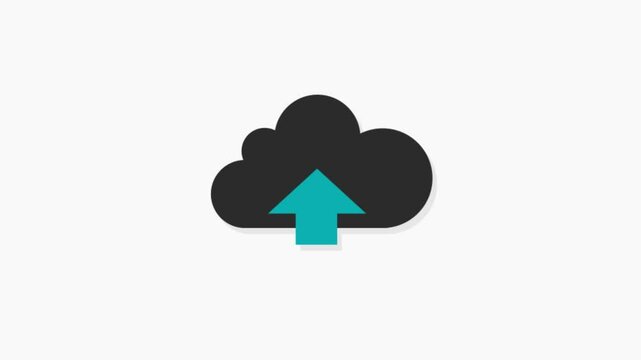 Flat animation of cloud icon with upward arrow, symbolizing file or data upload to the cloud, ideal for cloud service or digital tech projects.