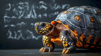 A wise turtle with intricate chalk patterns on its shell walking across a blackboard