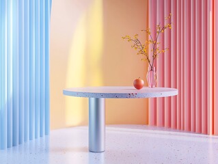 Round table with apple and vase on top in a room with colorful striped walls and floor design