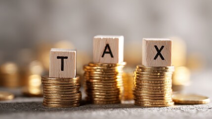 Tax season financial planning Wooden blocks spelling TAX atop stacks of gold coins symbolize wealth and taxation