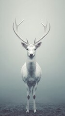 Majestic White Deer Standing in Misty Meadow Serene Wildlife