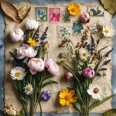 Vintage Flatlay of Dried Flowers and Botanical Stamps on Aged Paper