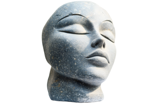 An artistic stone sculpture of a serene face, embodying tranquility and inner peace against a white isolate background.