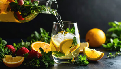 Close-up of delicious lemon and strawberry detox drink being poured into a glass surrounded by fresh ingredients