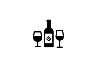 Black vector icon of a wine bottle and glass on a white background