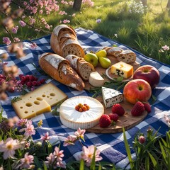 Rustic Picnic with Bread, Cheese, and Fruits on Blue Checkered Blanket in Sunny Garden
