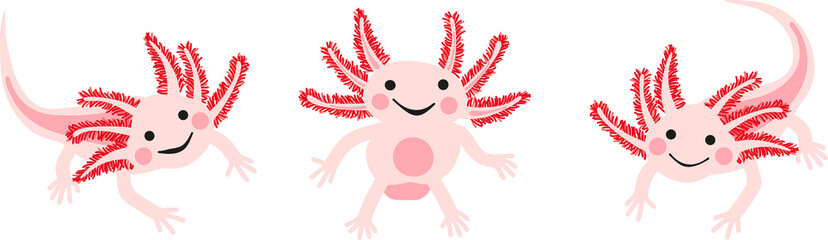 Cute smiling cartoon axolotls with pink gills illustration 