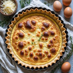 Rustic Homemade Quiche in Tart Pan with Cheese and Eggs on Linen Tabletop