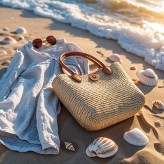 Beach Essentials with Woven Bag and Sunglasses on Sand by the Sea