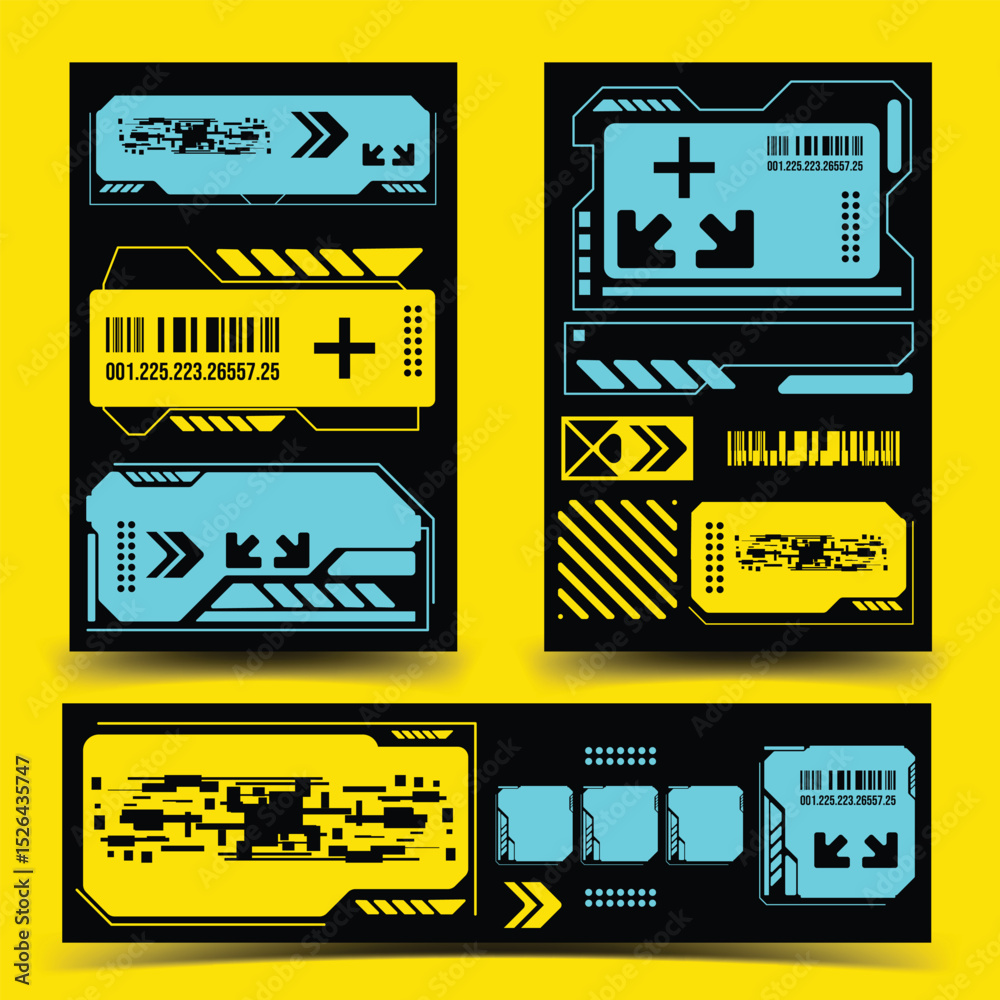 Sticker y2k 2000s scifi cyberpunk retro-futuristic layout template set dashboard for ux-ui application, 2d v