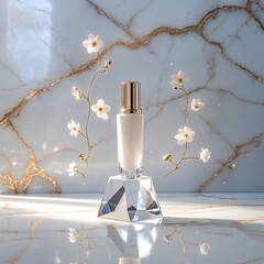 Luxury Skincare Serum Bottle on Crystal Stand with Blue Marble and Floral Background